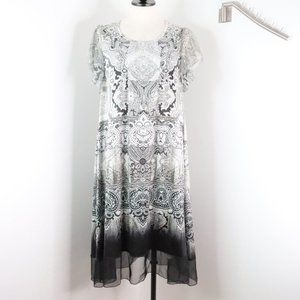 One World Womens M White Gray Ornate Rhinestone A-Line Silky Stretch Shift Dress